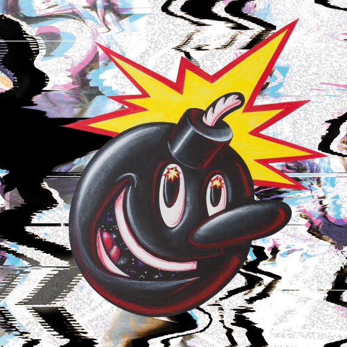 A stylized cartoon illustration of a black bomb character with star-shaped eyes and a wide smile, set against a chaotic background of black and white abstract patterns with a yellow starburst behind it.