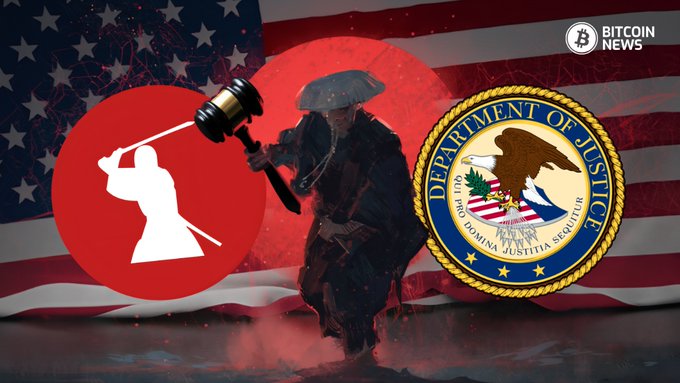 The image features the "Bitcoin News" logo, a Lady Justice silhouette holding a gavel, a soldier figure, the U.S. flag, and the Department of Justice seal, visually representing the legal fight to secure a presidential pardon for Samourai Wallet developers as mentioned in the accompanying post about the $30,000 campaign.