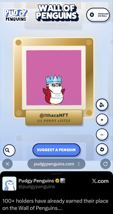 A 'WALL OF PENGUINS' NFT display showing a Lil Pudgy penguin (#21722) owned by @IthacaNFT wearing a crown, from pudgypenguins.com.