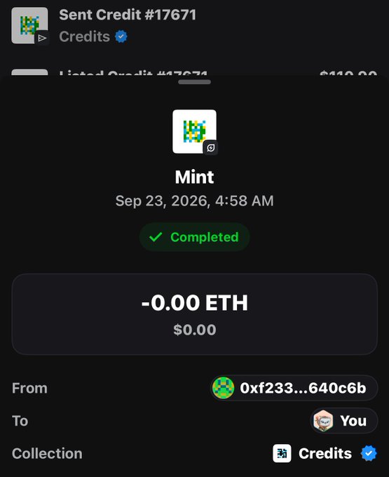 A mobile screenshot showing a completed NFT mint transaction of 'Credit #17671' on Sep 23, 2026, transferred for 0.00 ETH to the user's wallet.