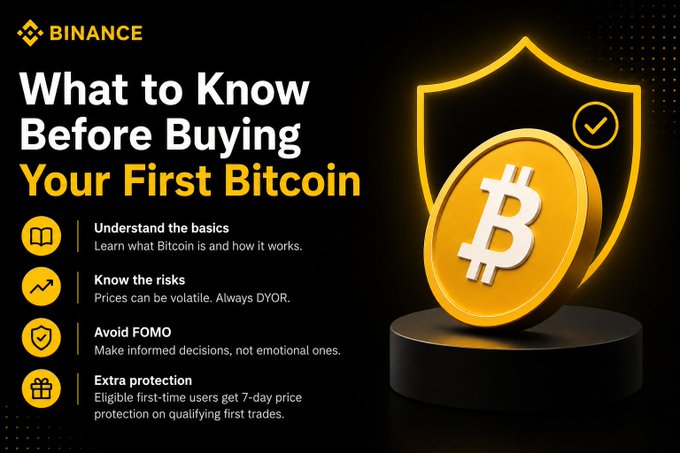 A Binance informational graphic titled "What to Know Before Buying Your First Bitcoin" displaying a gold Bitcoin coin on a pedestal with a shield and checkmark, alongside four key tips: Understand the basics, Know the risks, Avoid FOMO, and Extra protection (7-day price protection for first-time users). The image visually reinforces the post's advice by outlining foundational steps new investors should take before purchasing Bitcoin, emphasizing education, risk awareness, and avoiding emotional decision-making.