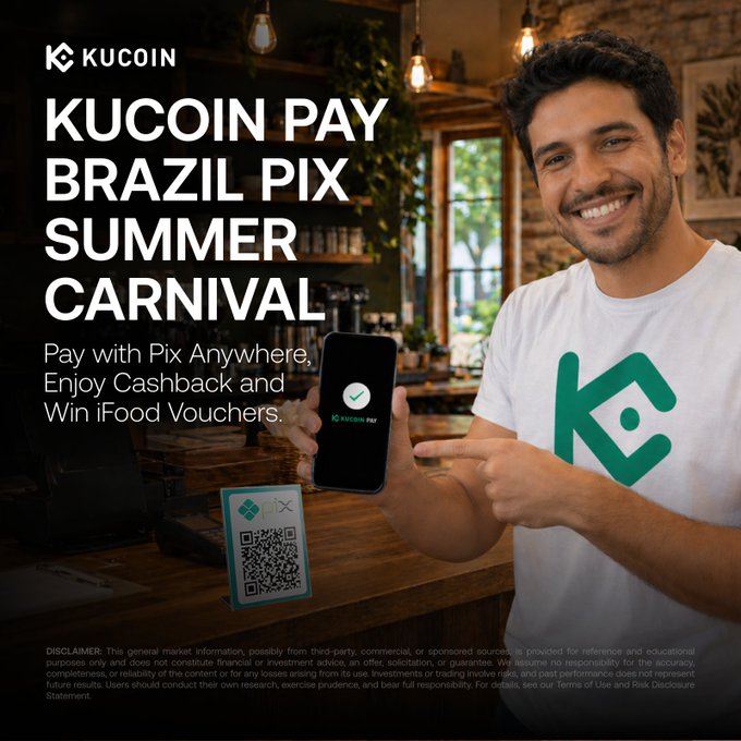 The image features a man standing next to a counter, holding his phone with a green logo on it. The background of the photo shows a dining table and chairs, suggesting that they are at a restaurant or cafe. There is also an advertisement for KuCoin Pay Brazil PIX Summer Carnival in the image.