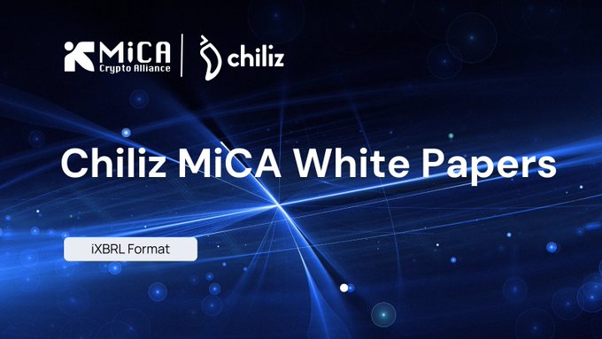 A dark blue promotional graphic featuring the "MiCA Crypto Alliance" and "chiliz" logos at the top, with the title "Chiliz MiCA White Papers" prominently displayed and an "iXBRL Format" button below, visually representing Chiliz's collaboration with MiCA Crypto Alliance to convert white papers for $CHZ and Fan Tokens™ into iXBRL format for compliant European regulatory reporting.