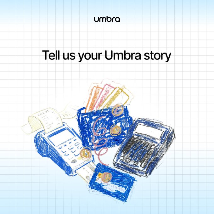 A childlike crayon illustration of a blue Umbra receipt holder filled with colorful receipts, alongside a register, calculator, and credit card, accompanies a prompt asking users to share their Umbra stories for a chance to win $50. The hand-drawn style visual reinforces the personal, user-generated testimonial nature of the contest.