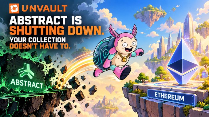 A colorful cartoon illustration shows a pink panda character with a jetpack soaring from a crumbling green "Abstract" cliff toward an "Ethereum" platform marked by the Ethereum logo, visually reinforcing the message that NFT collections can be migrated off the shutting-down Abstract chain via UnVault.