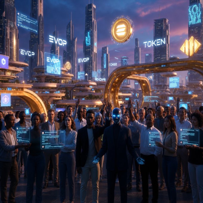 A futuristic digital art scene depicting a glowing blue humanoid figure leading a crowd of people raising their hands, set in a neon-lit cyberpunk cityscape with 'TOKEN' signage and golden ring structures.