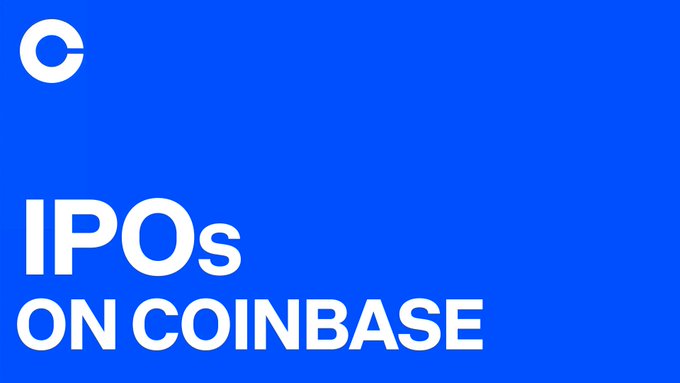 A bright blue graphic with the Coinbase logo and white text reading 'IPOs ON COINBASE'.