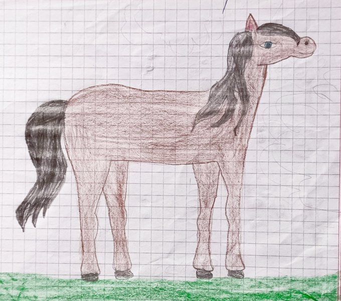 A child's colored pencil drawing on graph paper depicts a horse standing on green grass, with a dark mane and tail.