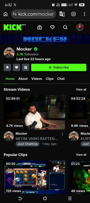 A mobile screenshot of the Kick.com channel for 'Mocker' showing 3.7K followers, a green Subscribe button, and recent stream videos.
