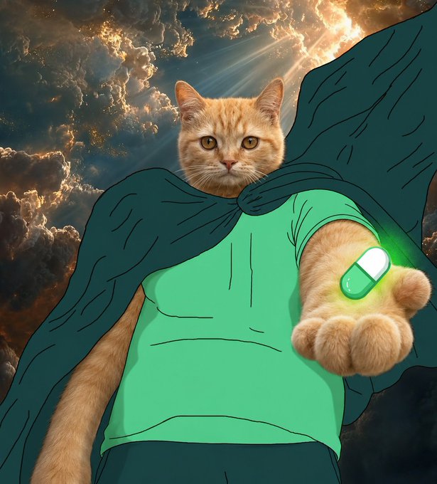 A digital illustration of an orange tabby cat wearing a green shirt and a teal cape, extending a paw to offer a glowing green pill.