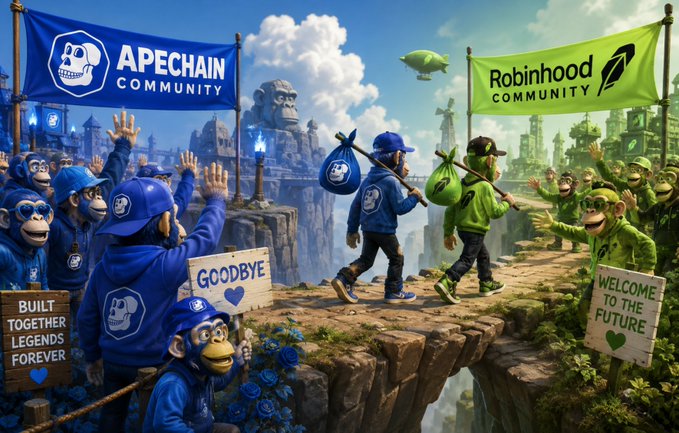 Two anthropomorphic monkey characters—one dressed in blue Apechain gear and the other in green Robinhood attire—walk across a chasm bridge carrying bags, symbolizing the seamless transfer of assets between the "APECHAIN COMMUNITY" and the "ROBINHOOD COMMUNITY." Signs reading "GOODBYE," "BUILT TOGETHER LEGENDS FOREVER," and "WELCOME TO THE FUTURE" frame the scene, reinforcing the post's message that users can freely access another chain's offerings without bridging.