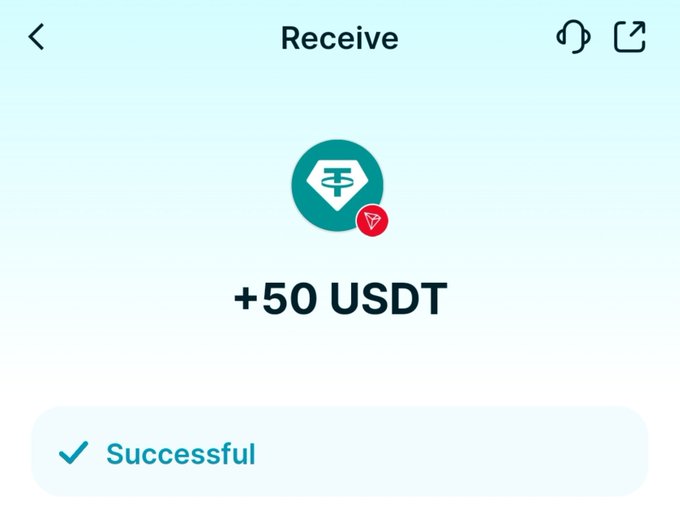 A screenshot of a cryptocurrency wallet app showing a successful Receive transaction for +50 USDT on the Tether network.