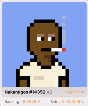 The image shows a pixel-art style NFT collectible featuring a brown-skinned character smoking a cigarette, labeled "Nakamigos #14352 #2" with "Legendary" status, a backing value of 48.8338 Ξ, and odds of 0.000029%. 

This relates to the post about LFWA's strategy, as the "Nakamigos #2" NFT shown is the one held as their #2 FWA position, backing 48.8 Ξ in the shared pool to demonstrate the platform's NFT-collateralized lending model.