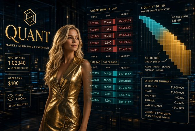 A promotional graphic for 'QUANT MARKET STRUCTURE & EXECUTION' featuring a woman in a gold dress alongside trading data panels showing an order book, liquidity depth charts, and execution summary with quoted price 1.02340.