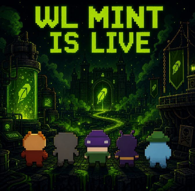A pixel art promotional image displays the text "WL MINT IS LIVE" in glowing green lettering above a dark castle scene, with five pixelated characters standing in the foreground looking toward the ominous fortress. The green color scheme and pixel art style match the post's announcement, promoting an NFT mint available on OpenSea.