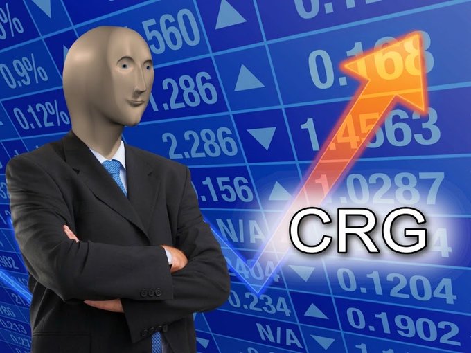 A faceless mannequin in a suit stands confidently with crossed arms in front of a blue stock ticker board, alongside a glowing upward arrow and the text "CRG," visually reinforcing the post's bullish pitch for the CRG memecoin as a pioneering "first" on Solana with rising financial potential.