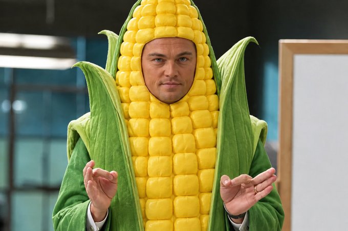 A man in a suit poses with his hands raised while wearing an oversized costume resembling an ear of corn with green husks.