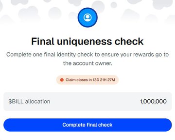 The image shows a "Final uniqueness check" screen for GRVT, indicating a 1,000,000 $BILL token airdrop allocation awaiting completion, with the claim window closing in 13 days, 21 hours, and 27 minutes. This relates to the post discussing how the BILL airdrop's value may translate to roughly $23K if GRVT holds its current price level after the tokens unlock.