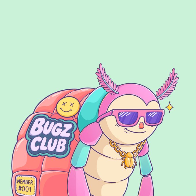 A cartoon illustration featuring a cool character with sunglasses and feather-adorned headband next to a logo reading 'BUGZ CLUB' and a 'MEMBER #001' tag.