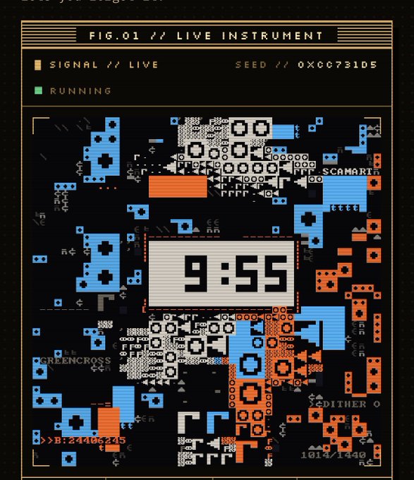 A retro pixel-art interface labeled 'FIG.01 // LIVE INSTRUMENT' shows a digital clock reading '9:55' amid blue and orange blocky patterns with indicators like 'SIGNAL // LIVE' and 'SEED // 0XCC731D5'.