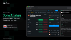 A promotional graphic for "Sorin Analysis" displayed on the SoSo Value platform, highlighting its capability for Polymarket and Kalshi prediction market analysis, alongside a screenshot of the analysis interface featuring green and red data points for active prediction market trades.