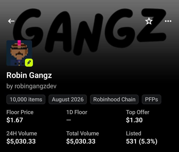 An NFT collection listing screen for "Robin Gangz" by robingangzdev on Robinhood Chain, showing 10,000 items, a floor price of $1.67, 24H volume of $5,030.33, and 531 listed (5.3%).