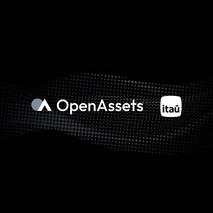 The image displays the OpenAssets logo alongside the Itaú logo on a dark background with a subtle dotted wave pattern, visually representing the partnership between the two companies. This branding image supports the announcement of Itaú, Latin America's largest bank, collaborating with OpenAssets on tokenization initiatives for Brazil's capital markets through ANBIMA's program.
