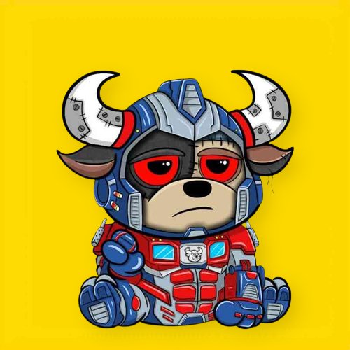 An illustration of a cute cartoon dog character dressed as a Transformer-style robot with red and blue armor and horned helmet on a yellow background.