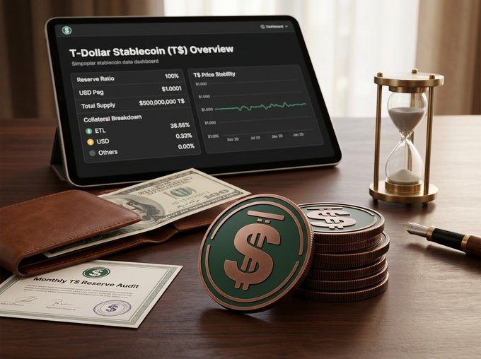 A promotional display showing a 'T-Dollar Stablecoin (T$) Overview' on a tablet screen, featuring reserve ratio data (100%), price stability charts, and physical props including dollar bills, stacked T-Dollar coins with dollar signs, a wallet, and an hourglass on a wooden desk.