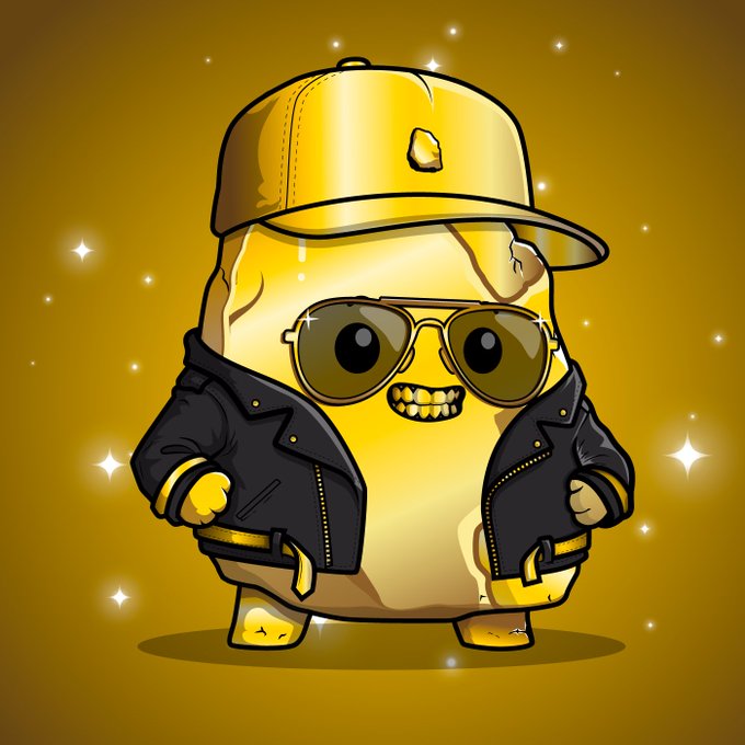 A cartoon illustration of a yellow potato-like character wearing a gold cap, sunglasses, and a black leather jacket with gold teeth, standing against a sparkly golden background.