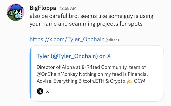 A Discord message from user "BigFloppa" warns that someone is impersonating by using the name "Tyler" to scam projects for spots, linking to a Twitter profile for "Tyler (@Tyler_Onchain)" who claims to be Director of Alpha at ₿-R4ted Community—corroborating the post's warning that this Tyler is not affiliated with the official ₿-R4ted team.