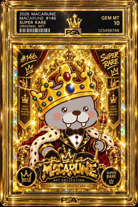 A digital trading card from 'MACARUNE NFT COLLECTION' labeled 'SUPER RARE' and '#146' with 'GEM MT 10' features a crowned cartoon cat character wearing royal robes and holding a scepter.