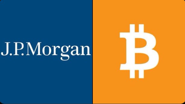 A split graphic with the J.P. Morgan logo on a blue background on the left and the Bitcoin symbol on an orange background on the right.