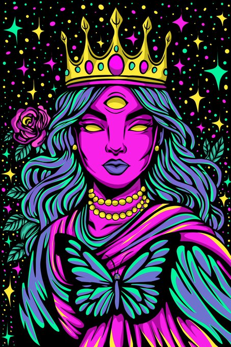 A vibrant psychedelic illustration of a woman with purple skin, glowing yellow eyes, and a golden crown, set against a starry background with a butterfly and rose.