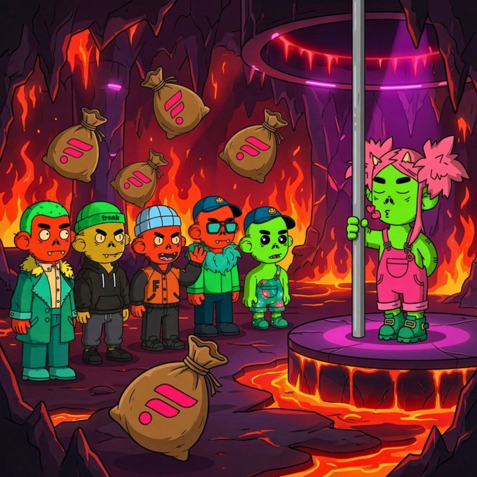 The image shows a cartoon-style fiery underworld scene where a group of colorful characters faces a green-skinned figure with pink hair holding a pole dance, surrounded by flame-filled sacks. The text "freak" is visible on one character's cap, tying into the post's playful "freaky way" reference to earning delegation rewards on the Flare Network ($FLR).