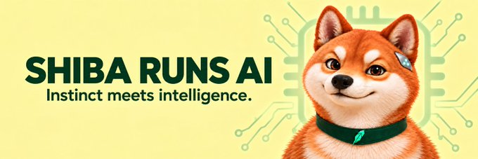 The image is a promotional banner for "$SHAIRUN" featuring a cartoon Shiba Inu dog with a green collar and feather tag, set against a yellow background with green circuit board graphics, alongside the text "SHIBA RUNS AI - Instinct meets intelligence." The banner visually reinforces the post's announcement of the Shiba's AI-era rebrand, tying the playful dog mascot to the tech-forward AI and blockchain theme launching on Robinhood Chain.