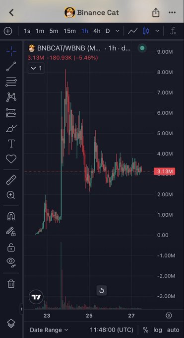 TradingView chart for Binance Cat (BNBCAT/WBNB) showing the 1-hour price action with a current price of 3.13M, down 5.46% from the previous period, displaying a candlestick chart with a notable spike and decline pattern.