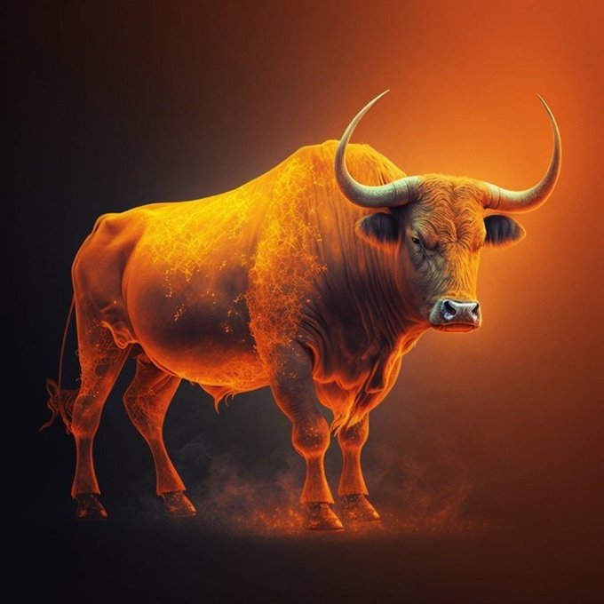 A digital artwork of a glowing orange bull with luminous, veiny patterns against a dark, fiery background.