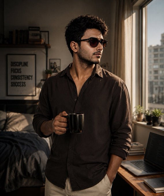 A young man wearing sunglasses and a dark shirt stands by a window holding a black mug, with a laptop and a framed 'DISCIPLINE FOCUS CONSISTENCY SUCCESS' poster visible in the room.