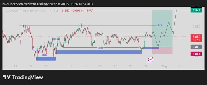 A TradingView stock chart for 'DXCASSY: Perpetual Contracts' showing price levels, an 'idm' zone, and a 'TP1' target at 7.547, created by user 'nikesilver22'.