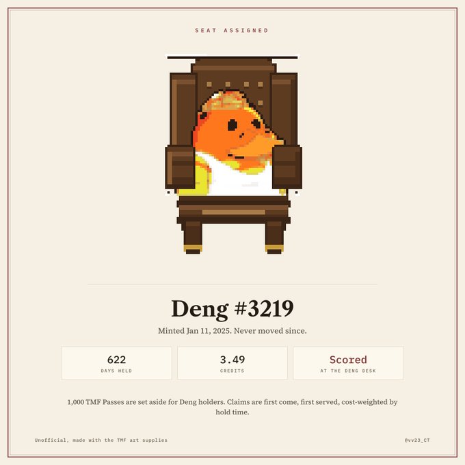 An NFT certificate for 'Deng #3219' showing a pixel art character seated in a wooden chair, minted on January 11, 2025, with 622 days held and 3.49 credits.