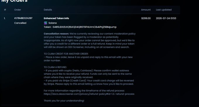 This image shows a "My Orders" page with a cancelled order for Solana token "G4B5L8XtZUtQfbXQD4QR6T6FHLHmC8vkiPsjZ98Mpump" for $299.00, which directly relates to the post's complaint about their coin being hidden.