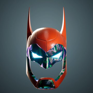 A 3D rendering of a stylized red and metallic mask with pointed bat-like ears and glowing cyan eyes against a gray background.