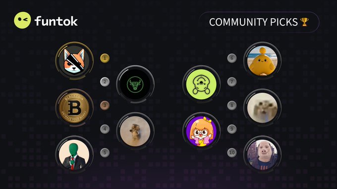 The image shows a "Funtok" Community Picks ranking board displaying the top 10 meme coins and characters for the day, numbered 1-10 in circular avatars against a dark background. The featured tokens include $BYTE (#1), $HBULL, $BLACKCOIN, $WIWIWI, $TRUE, $TINY, $POOH, $DROOLING, $WYNN, and $PORK, each represented by themed character illustrations like foxes, skulls, coin logos, dogs, and cartoon figures that visually correspond to their respective tickers.