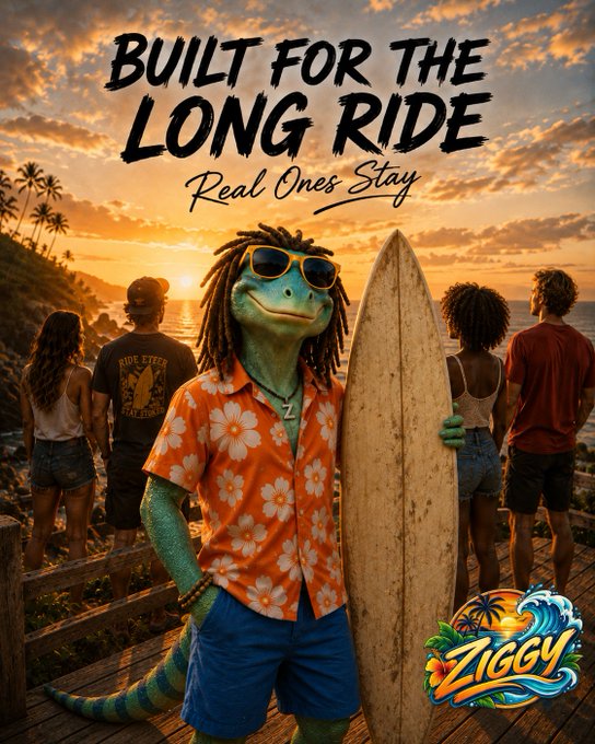 An anthropomorphic iguana wearing a Hawaiian shirt, sunglasses, and dreadlocks holds a surfboard at sunset, with text reading 'BUILT FOR THE LONG RIDE Real Ones Stay' and a 'Ziggy' logo.