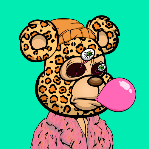 A cartoon character with leopard print fur wearing an orange beanie, pink fur coat, blowing a pink bubblegum bubble on a teal background.