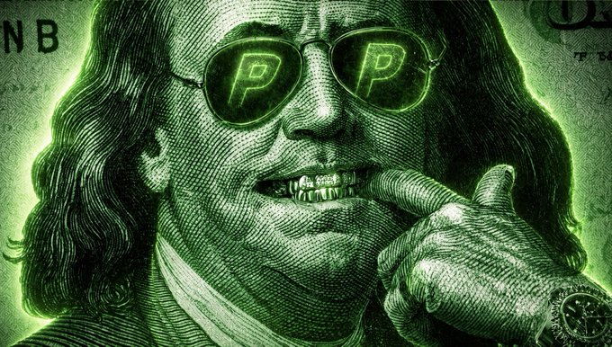 A stylized, glowing green graphic of Benjamin Franklin from a US $100 bill wearing sunglasses with the letter "P" reflected in the lenses, with a digital watch on his wrist.