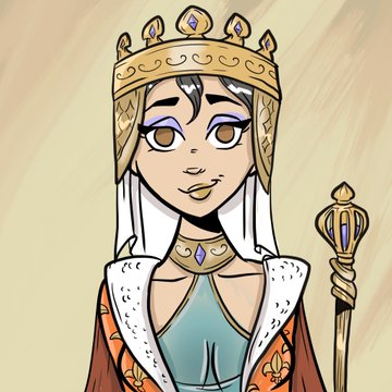 A digital drawing of a young queen or princess with dark hair, wearing a golden crown and robes, holding a scepter.