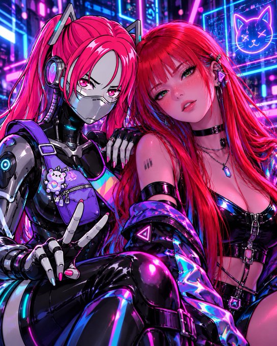 An anime-style digital illustration depicting two pink-haired female characters—one a cyborg with a metallic face mask and the other with long flowing hair—in a neon-lit cyberpunk setting with a cat icon in the background.