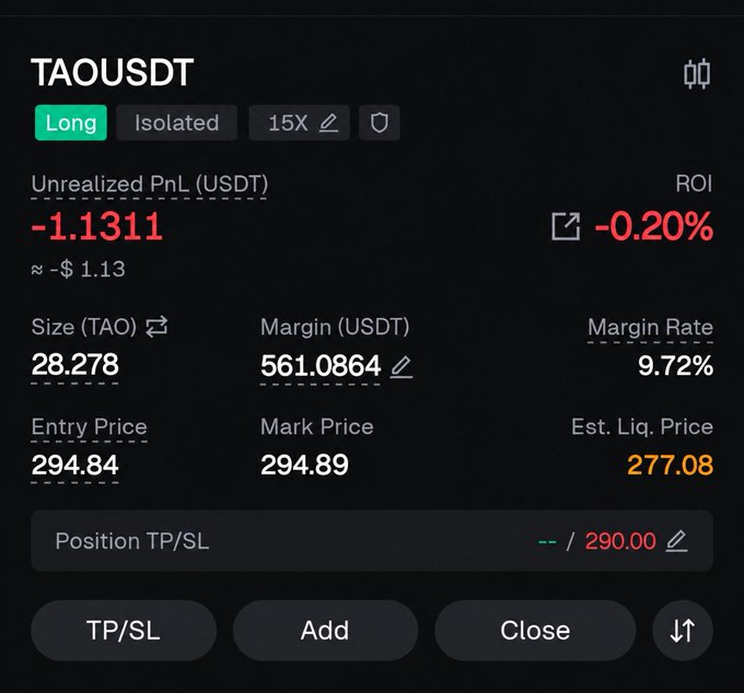 A trading app screenshot showing a Long position on TAOUSDT with 15X leverage, displaying an unrealized PnL of -1.1311 USDT (-0.20%), an entry price of 294.84, and an estimated liquidation price of 277.08.